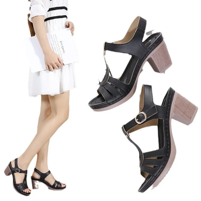 Women's apricot patent leather sandals with a thick heel, round toe, and a prominent metal buckle with stitching detail.