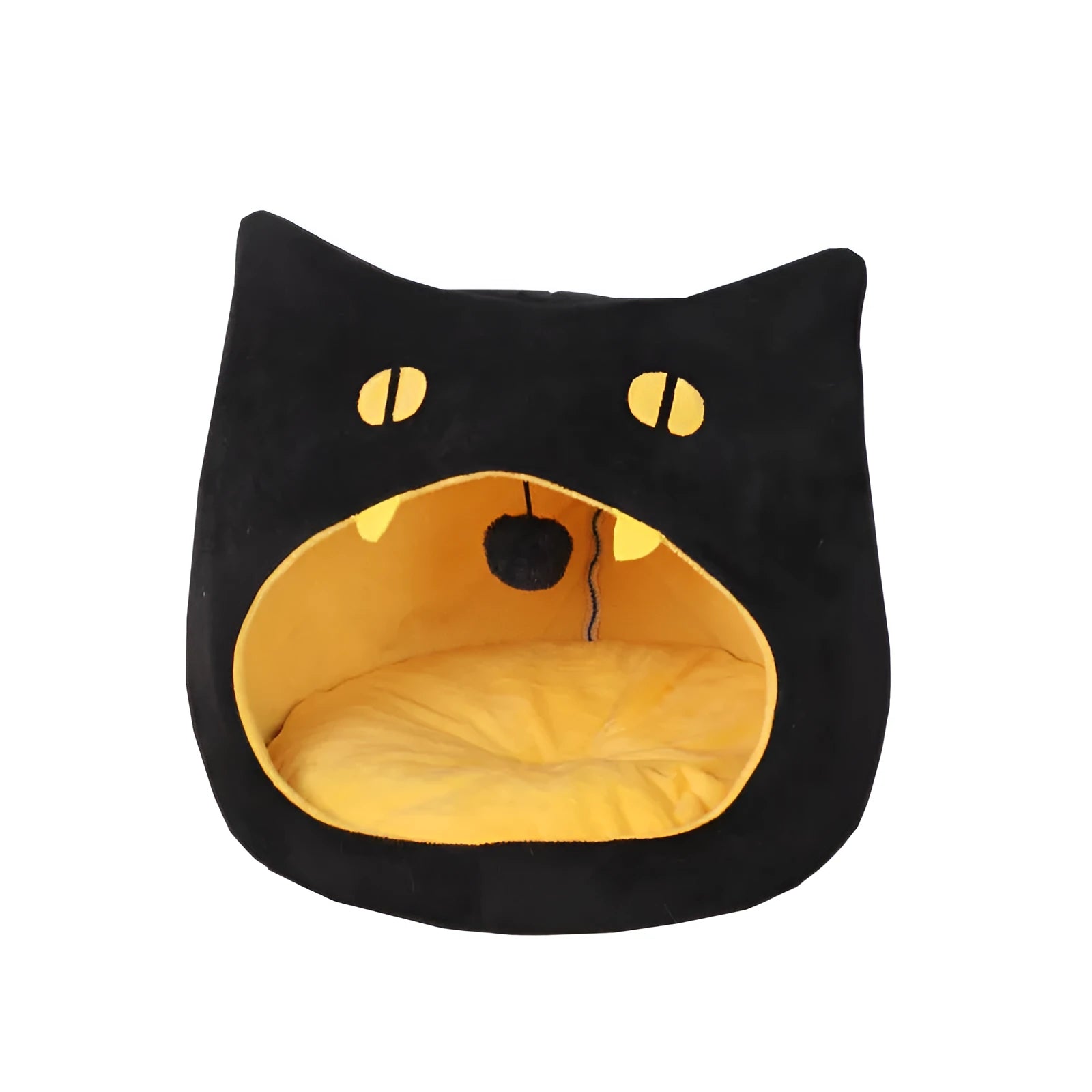 Soft warm cat bed in cat shape design with anti-slip bottom, machine washable, available in S and L sizes.