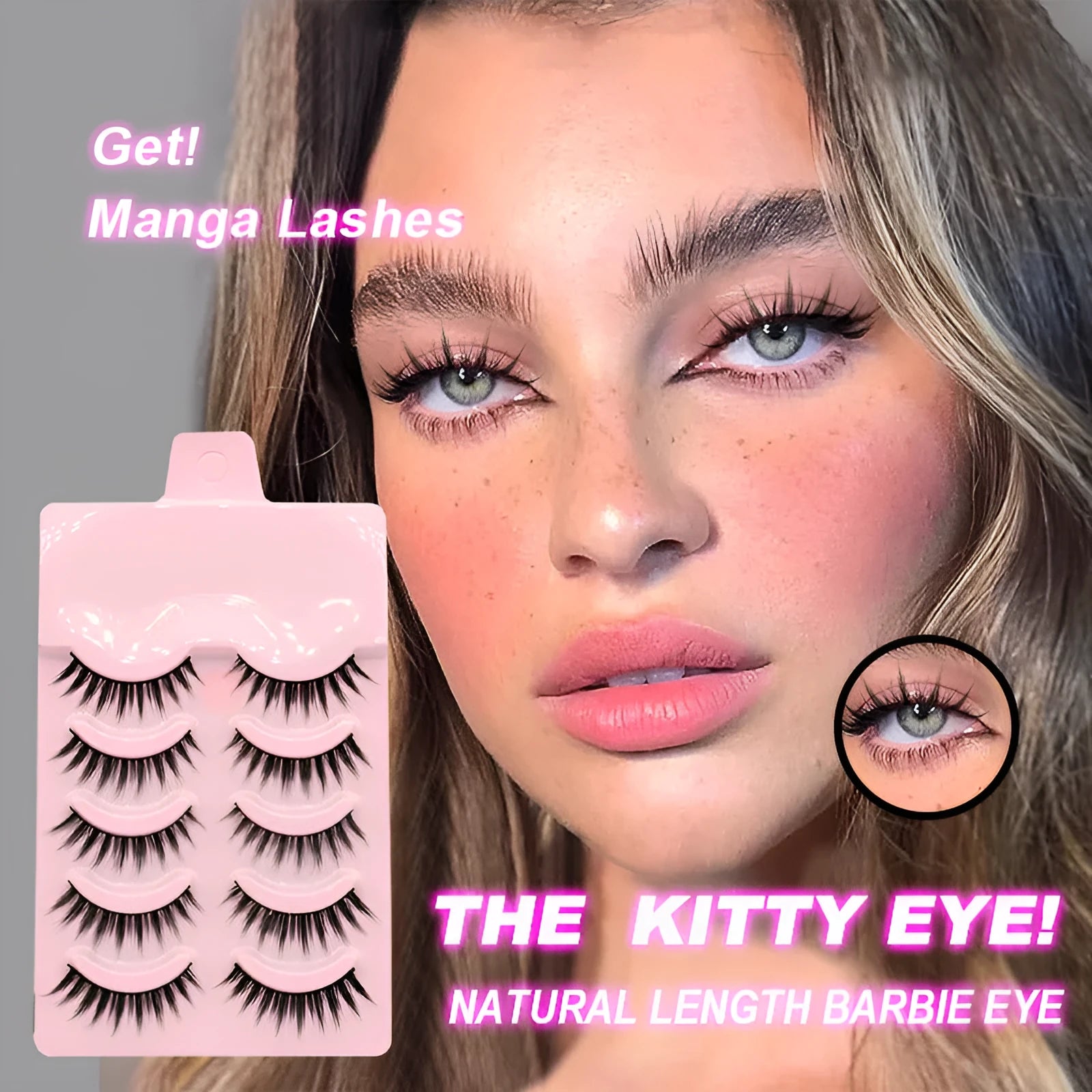 Pack of manga anime style false eyelashes showing three natural wispy designs for Korean makeup and cosplay