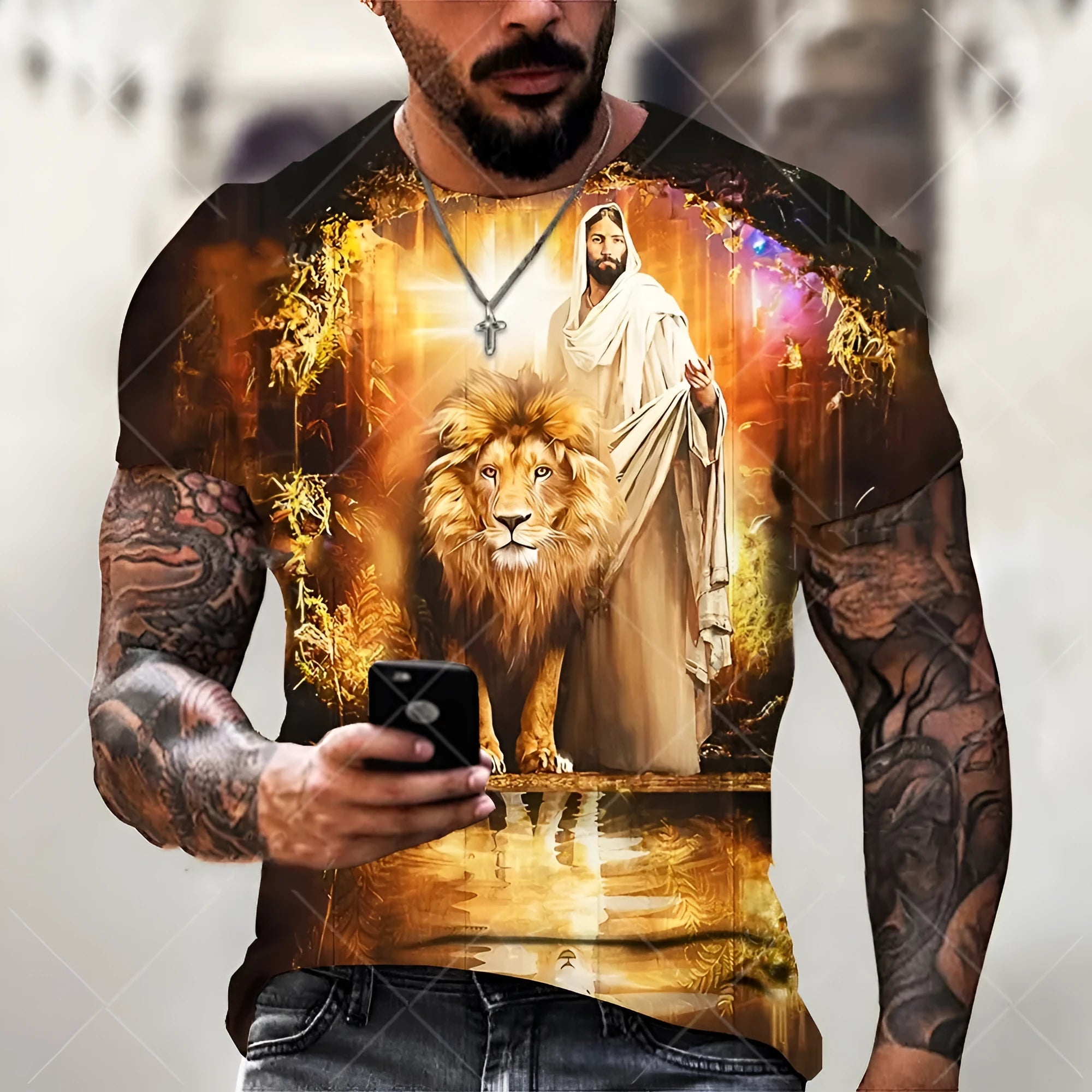 Men's 3D printed Jesus pattern T-shirt in breathable polyester fabric showing front graphic detail