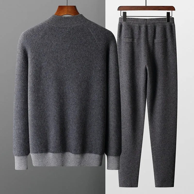 Men's cashmere wool blend cardigan suit with half turtleneck zipper top and matching trousers in winter sports style