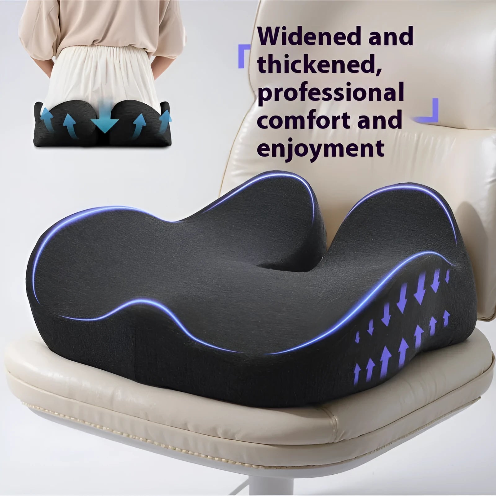 Memory foam office chair cushion in light grey measuring 46 by 43 centimetres