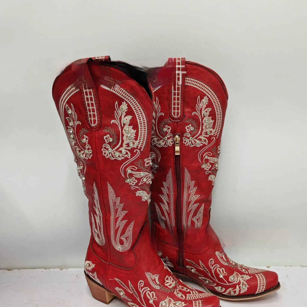 Embroidered rhinestone thick high heel side zipper high-top boots for women in beige with non-slip rubber sole