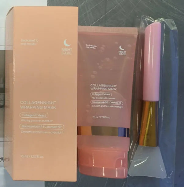 75ml bottle of collagen night face mask with an application brush on a white background.
