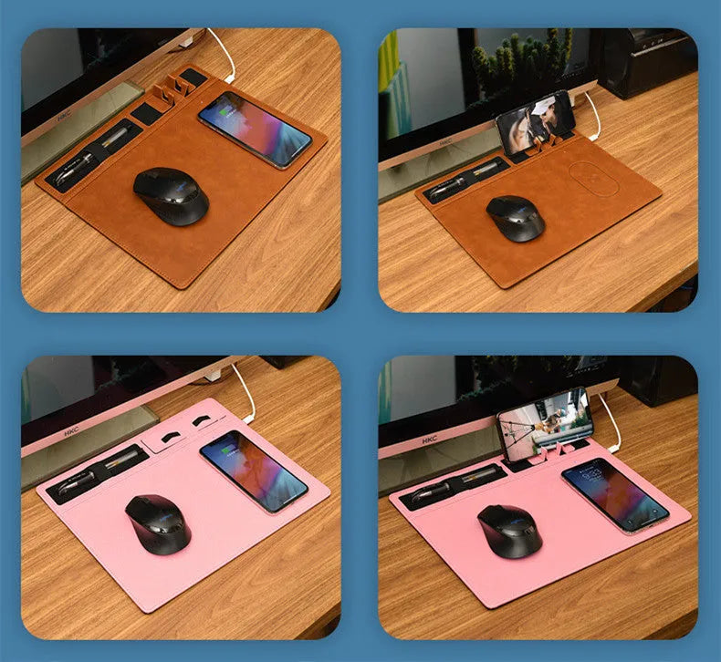 Wireless charging mouse pad with integrated phone holder on black PU leather surface