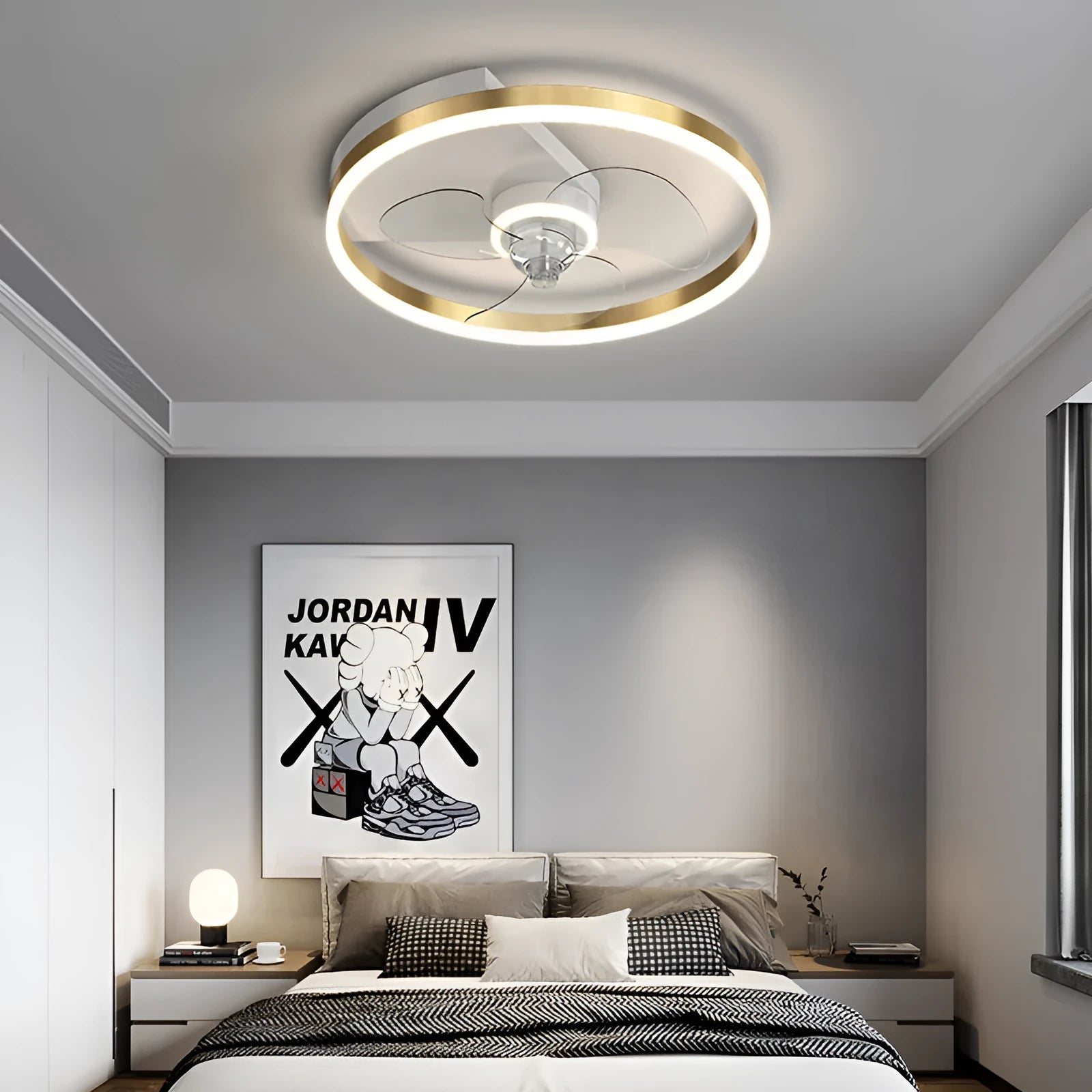 Landi modern simple Nordic style ceiling fan light for a children's bedroom in one of seven available colours.