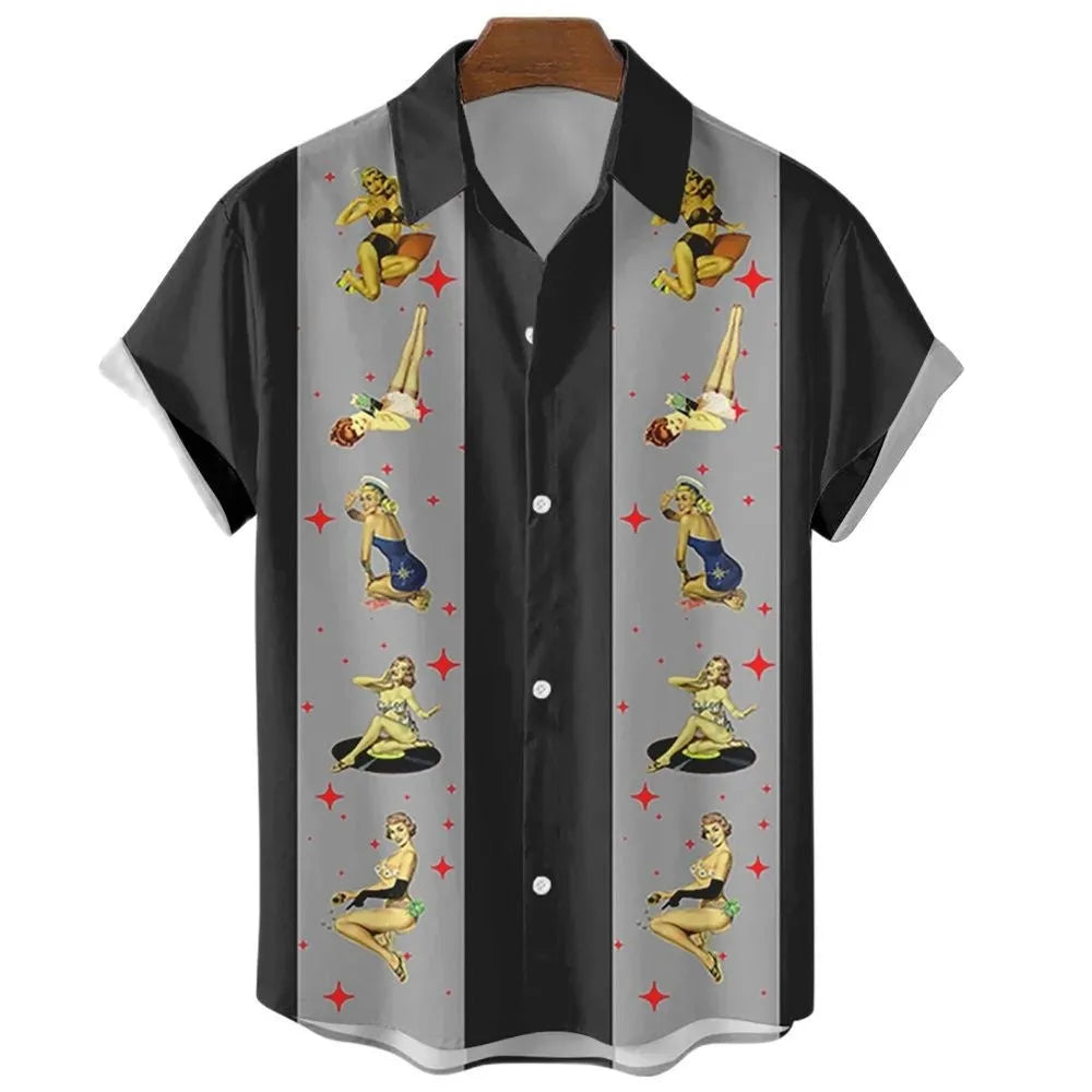 Men's stripe pattern Hawaiian shirt with short sleeves and elastic band construction