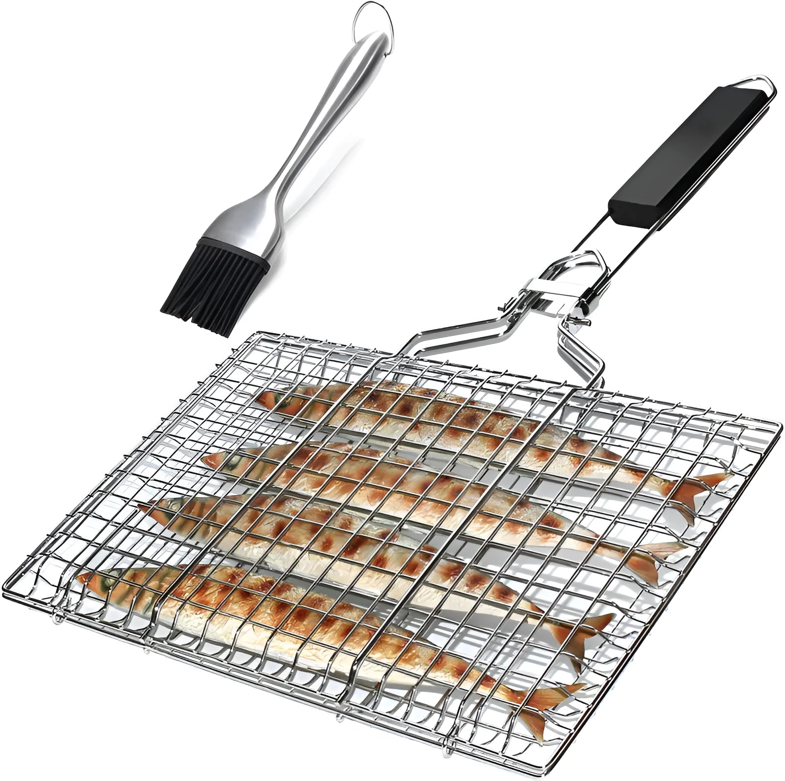 Square stainless steel barbecue mesh basket with folding design and cleaning brush for outdoor cooking