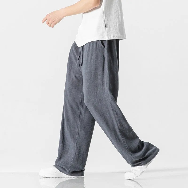 Men's bamboo fibre linen trousers with drawstring waist in straight-leg cut