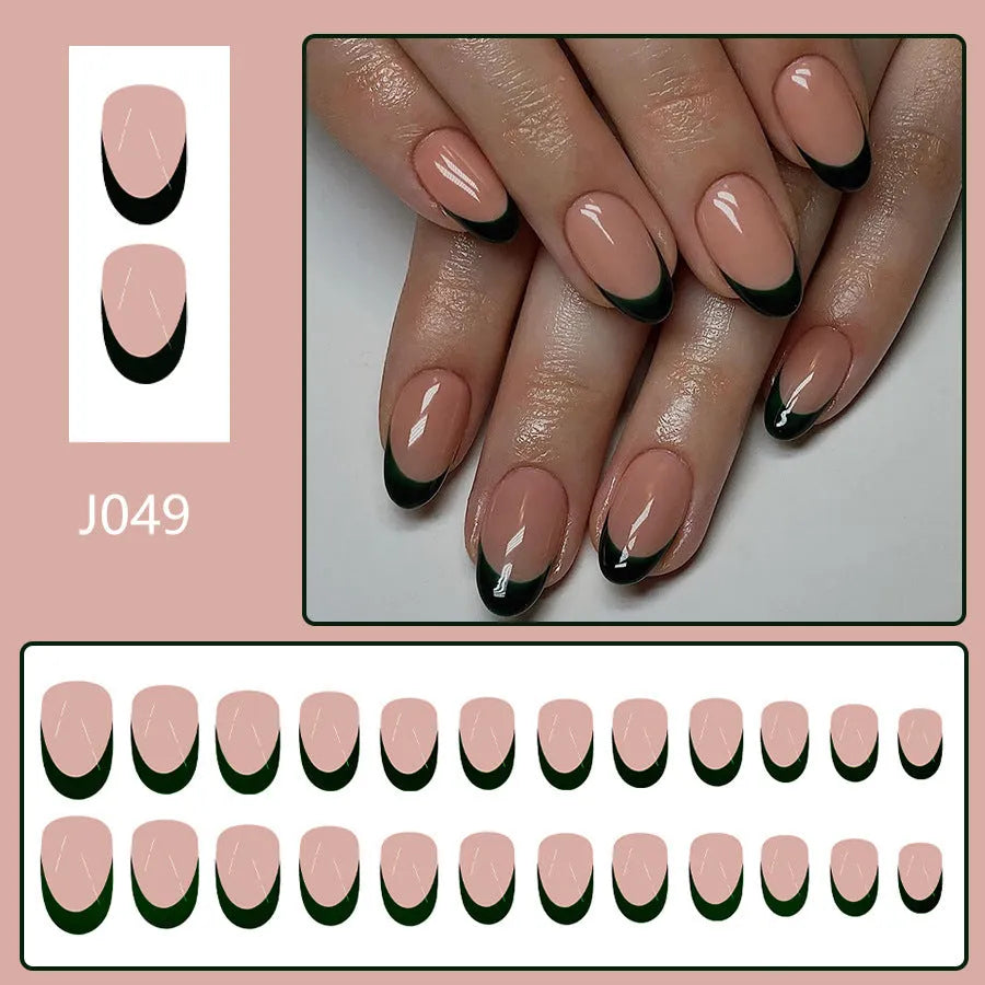 Black French-style manicure set showing 24 almond-shaped nail art pieces with J049 colour classification