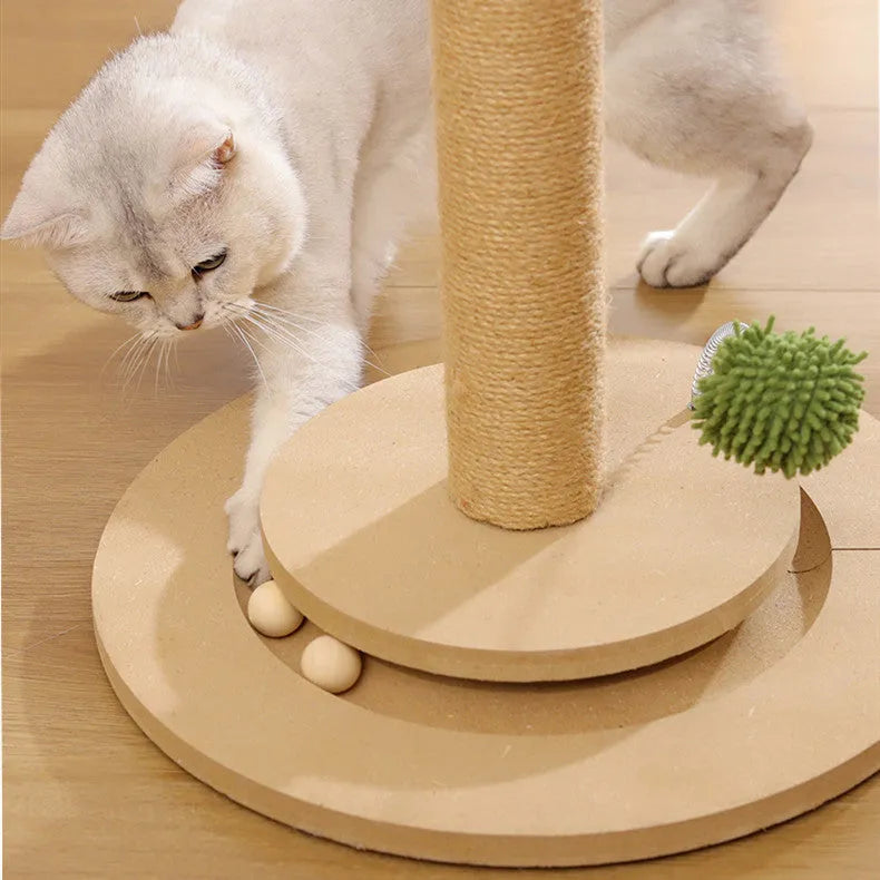 Simple cat climbing frame with hemp rope posts and canna-coloured grab columns