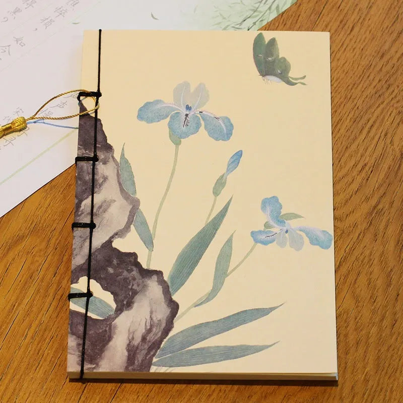 A5 antique wire-bound notebook with retro painting cover, wax rope binding, and tassels