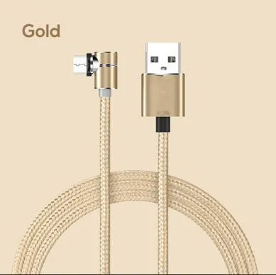 Black L-shaped magnetic charging cable with aluminium connectors for Micro USB, Lightning, and Type-C phones.