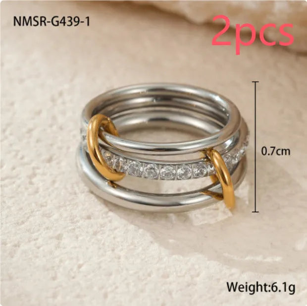 Stacked stainless steel ring with 18K gold plating in three colour variants for women's hand jewellery