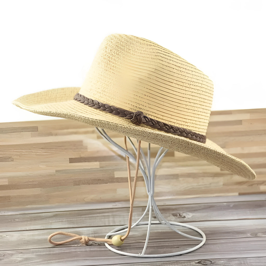 Men's foldable straw sun hat with wide brim in mixed beige colour showing size options