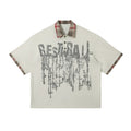 Men's loose fit cotton short-sleeved top with asymmetric graffiti print in blue or red