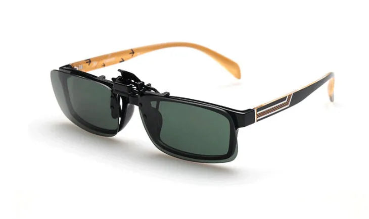 Myopia sunglasses clip for drivers with polarised PC lenses in grey, dark green, and night vision tint options