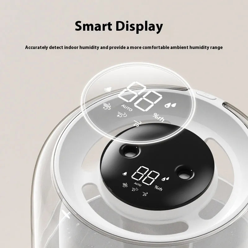Beige plastic USB humidifier with display, dual mist nozzles, and large 3.2L water tank.