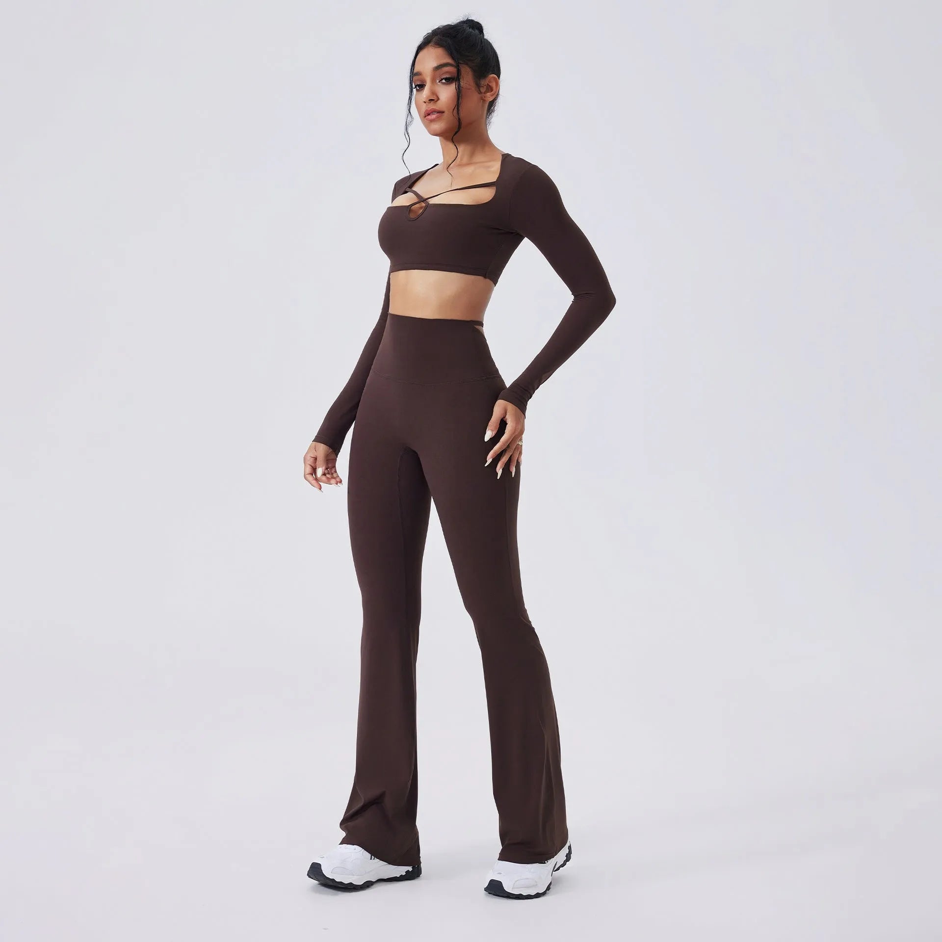 Color-blocking yoga set with hollow-out top and high-waist flared pants in Egret White, black, light banana, espresso, navy peony