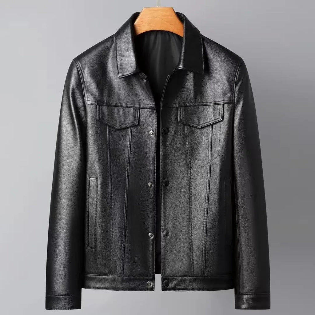 Men's black first-layer cowhide leather jacket with polo collar, front view, daily wear