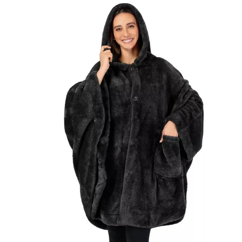 Super thick hooded bathrobe cloak in black, dark grey, or pink, showing cardigan style and long sleeves.