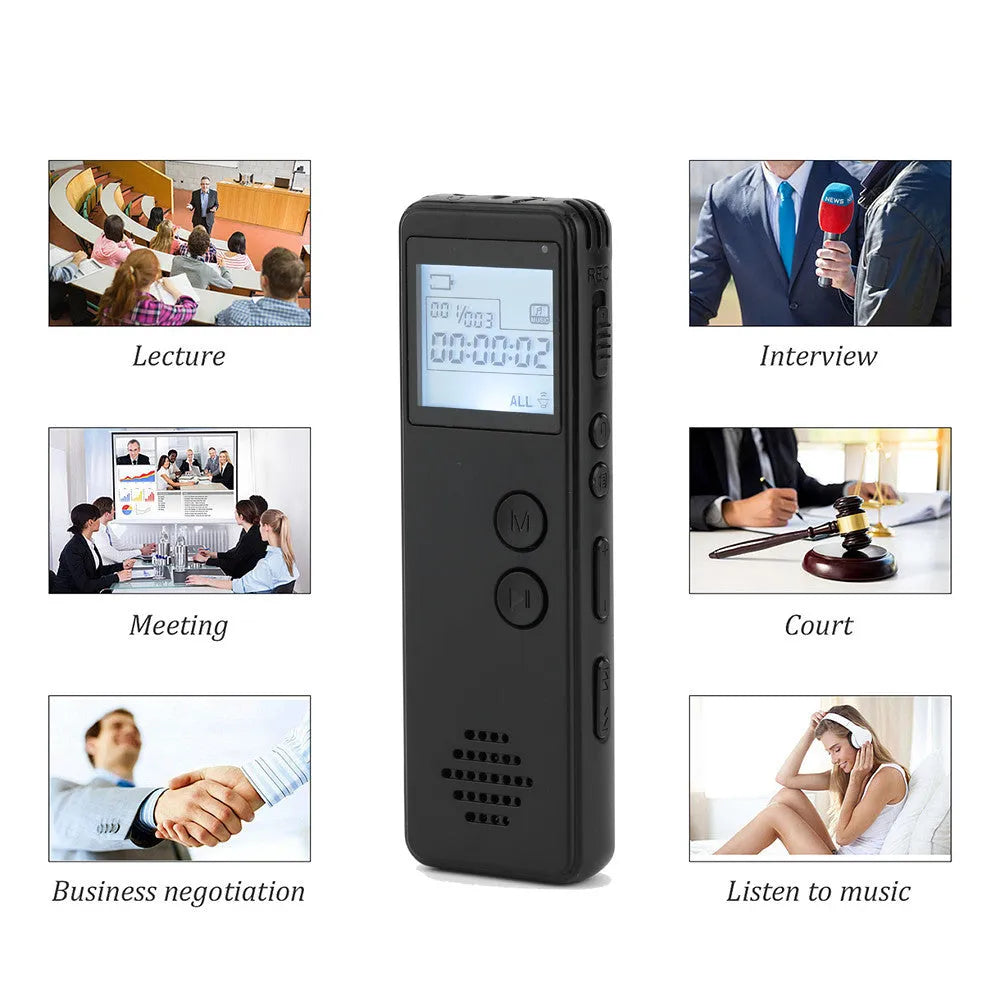 Black matte MP3 digital voice recorder showing screen and buttons, measuring 88mm long.