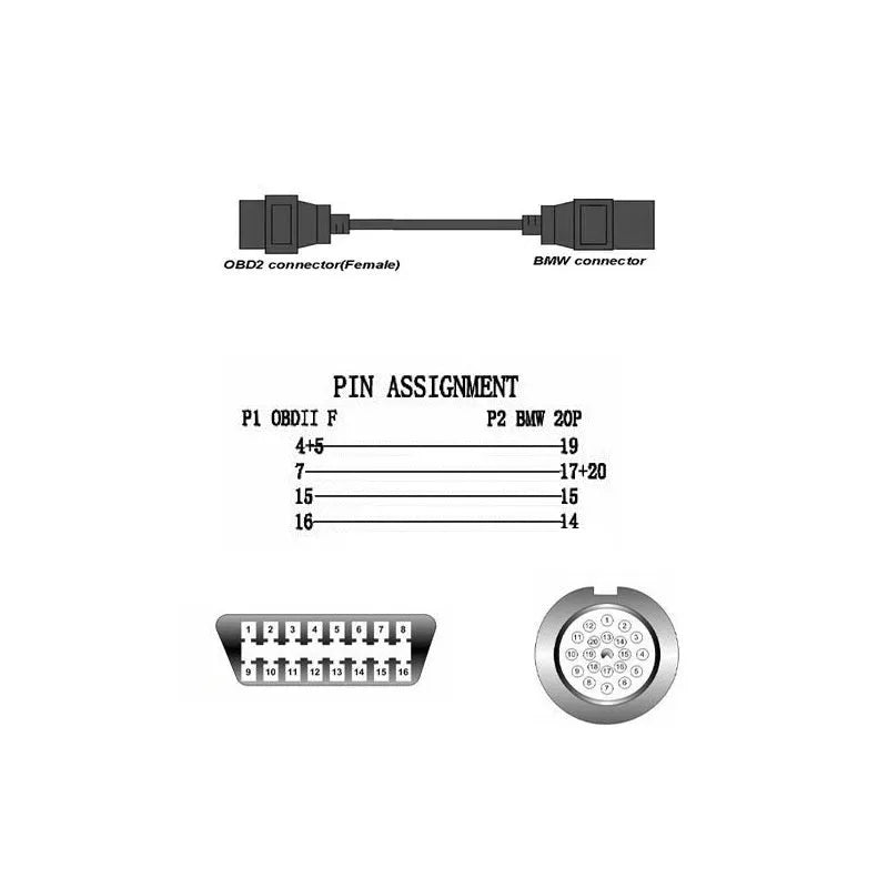 BMW 20-pin male to OBD2 16-pin female diagnostic adapter cable on a workshop bench