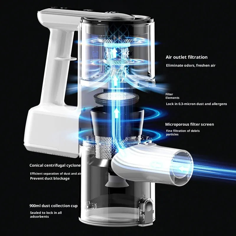 Light gray wireless handheld folding tube vacuum cleaner with LED light on a hard floor