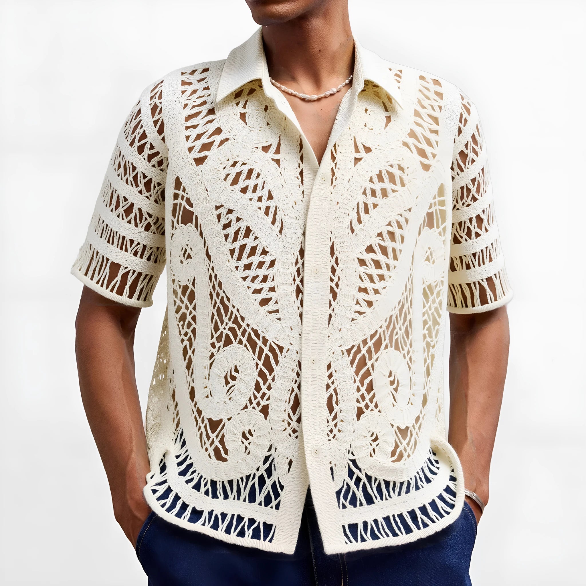 Men's hollow sweater short sleeved crochet cardigan polo shirt in apricot acrylic knit on a hanger front view