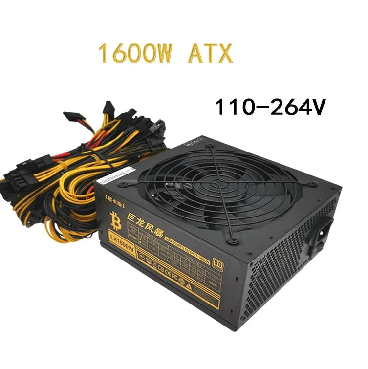 Black full voltage 110V server power supply unit with visible connectors including 4+4 CPU and multiple 6+2 pin GPU interfaces.