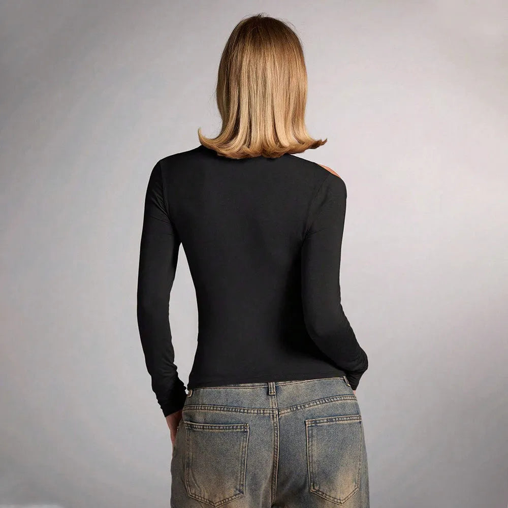 Black women's halter top with shoulder-baring design and slim fit silhouette
