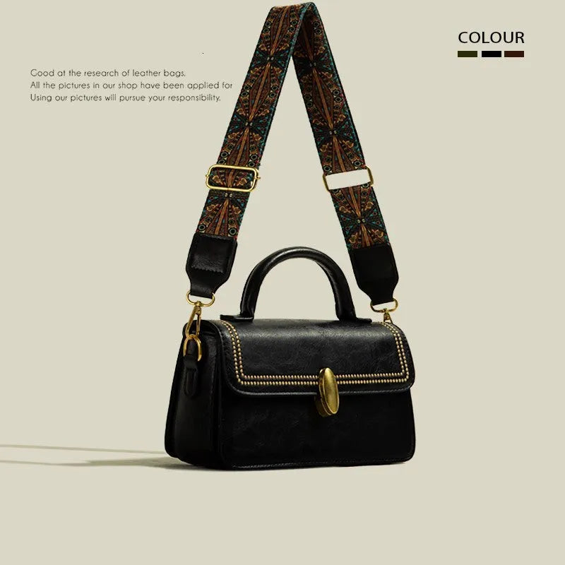 Brown retro messenger bag with square vertical shape showing mobile phone and file compartments