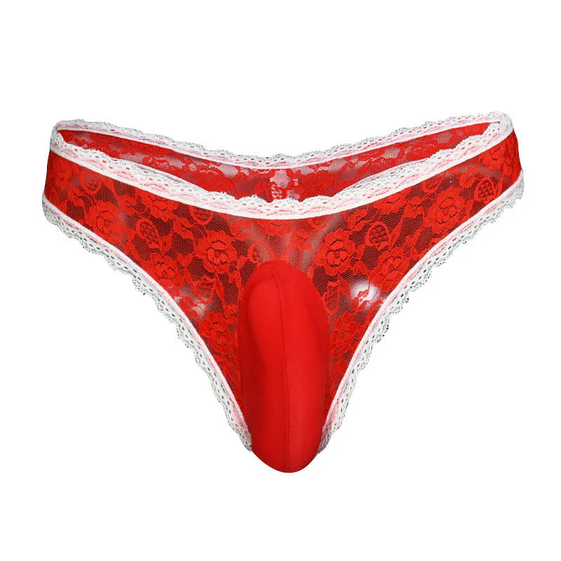 Qing He men's lace underwear briefs with vertical bag egg design in black colour.