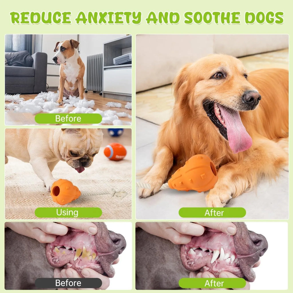 Natural rubber stuffable dog toy for small medium breeds with longer strap for fetch and tug