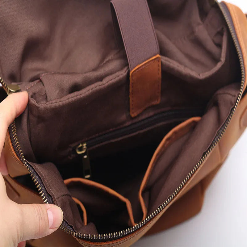 Classic retro backpack in brown Crazy Horse leather cowhide with multi-compartment and sewing thread detailing