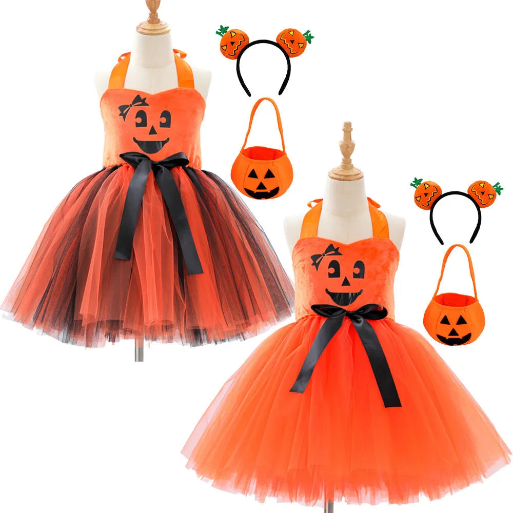Children's creative festival Halloween cute pumpkin girl dress in orange yarn with mesh fabric and sling style