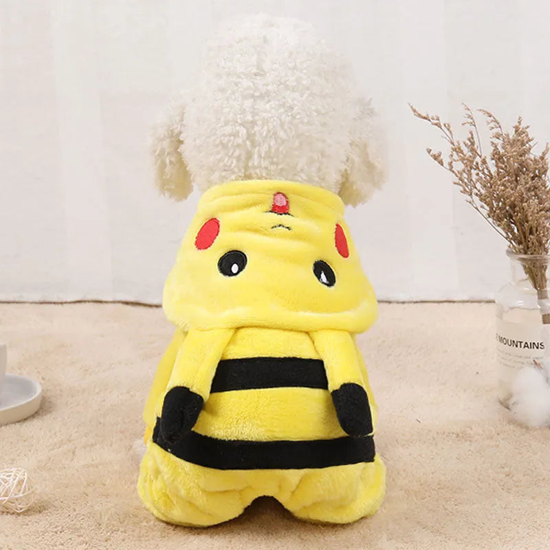 Fleece pet coat with hoodie for cat or dog in cartoon design, shown in size range XS to XXL.
