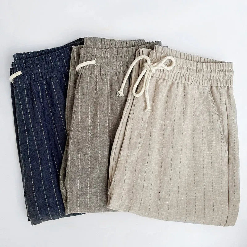 Cotton linen men's summer thin casual cropped pants with striped pattern in khaki colour
