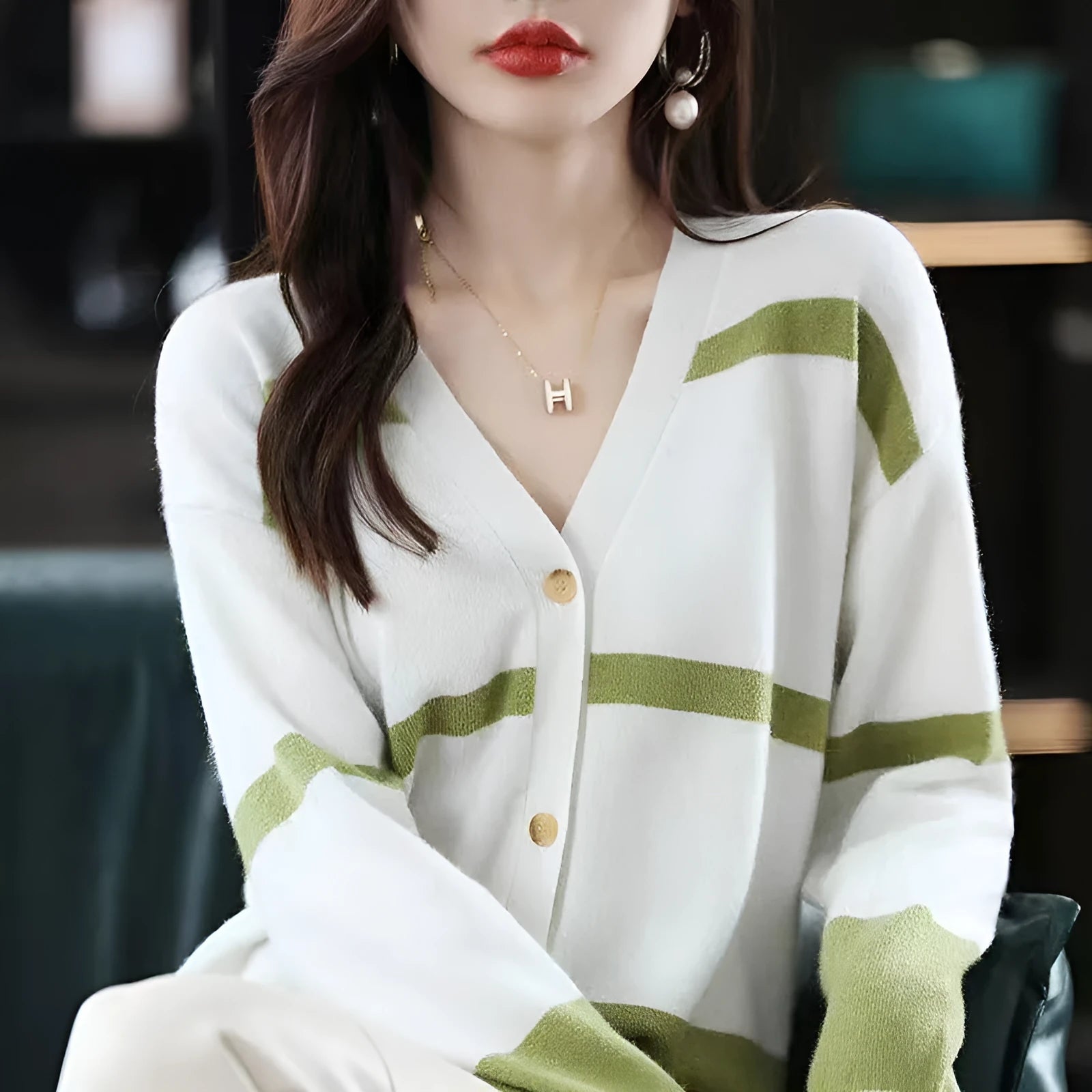 Women's striped knitted cardigan with 3D pattern, V-neck, and button front in slim fit