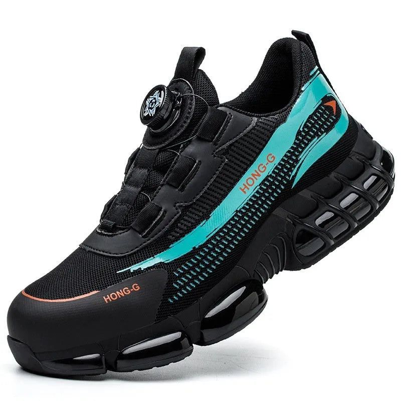 Lightweight low-top work safety shoe with a Flyweave upper, front lacing, and a steel toe cap.