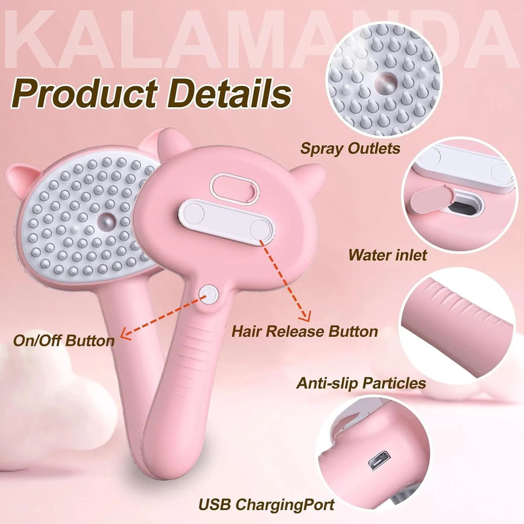 Cat ear-shaped steam brush with ergonomic handle and release button in blue, pink or yellow colour