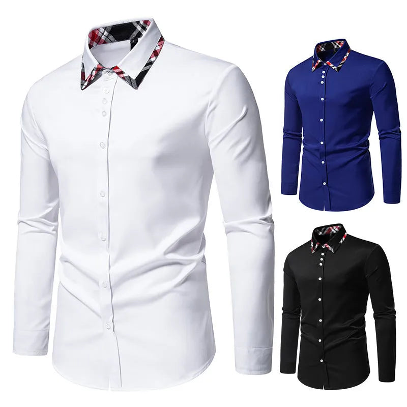 Men's polyester blend plaid shirt with triangle collar in black, blue or white colour options