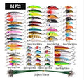43-piece portable plastic fishing bait set with green, blue black, and red head lures in various sizes