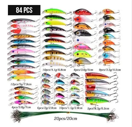 43-piece portable plastic fishing bait set with green, blue black, and red head lures in various sizes