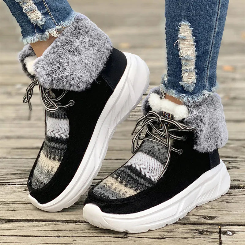 Women's lace-up snow boots with fuzzy suede upper, thermal plush lining, and thick rubber sole in beige colour