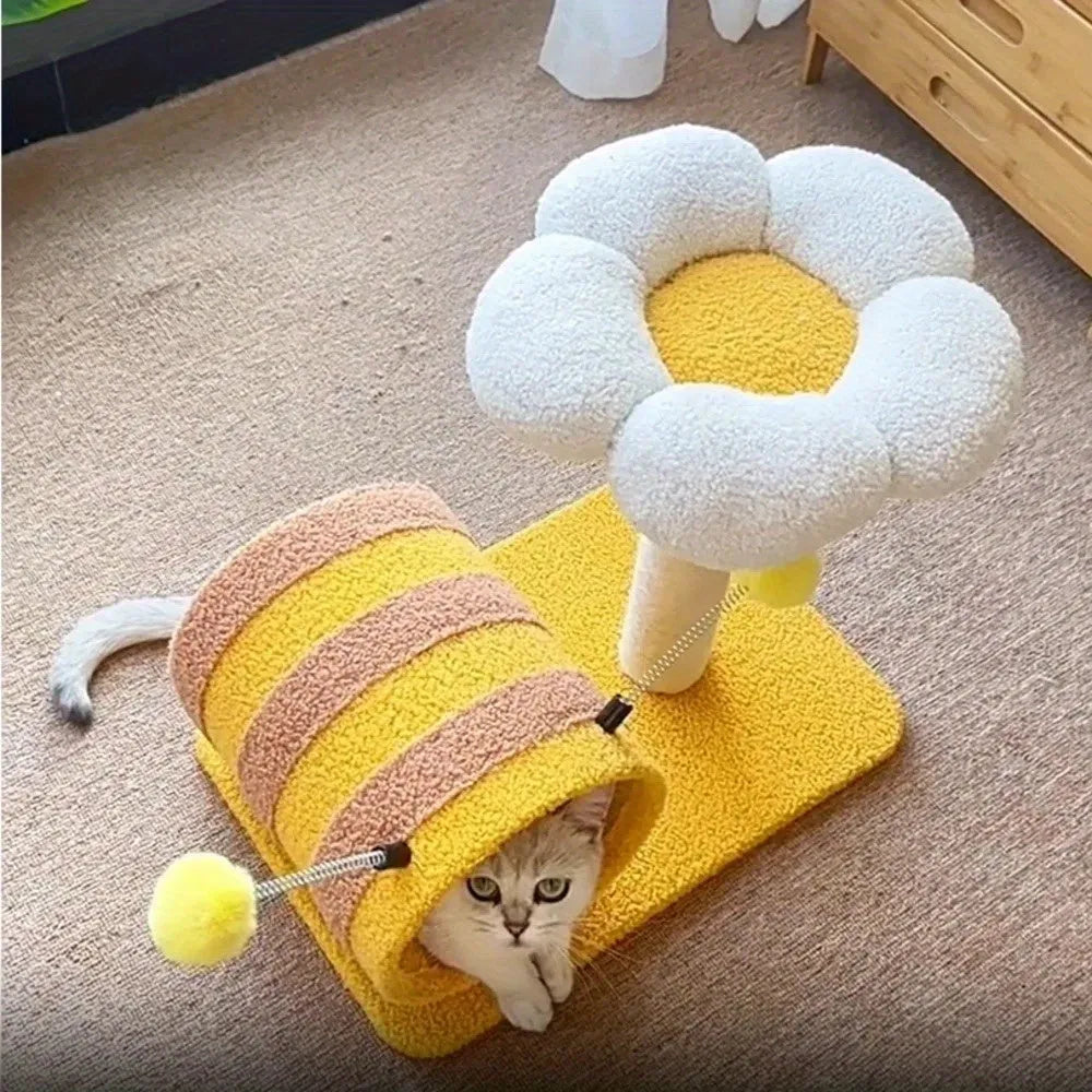 Yellow Bee cat climbing frame with sisal scratching board and tunnel, dimensions 46x36x25 cm