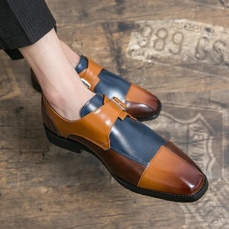 Men's British style casual leather shoes with retro buckle in black and brown-blue colours