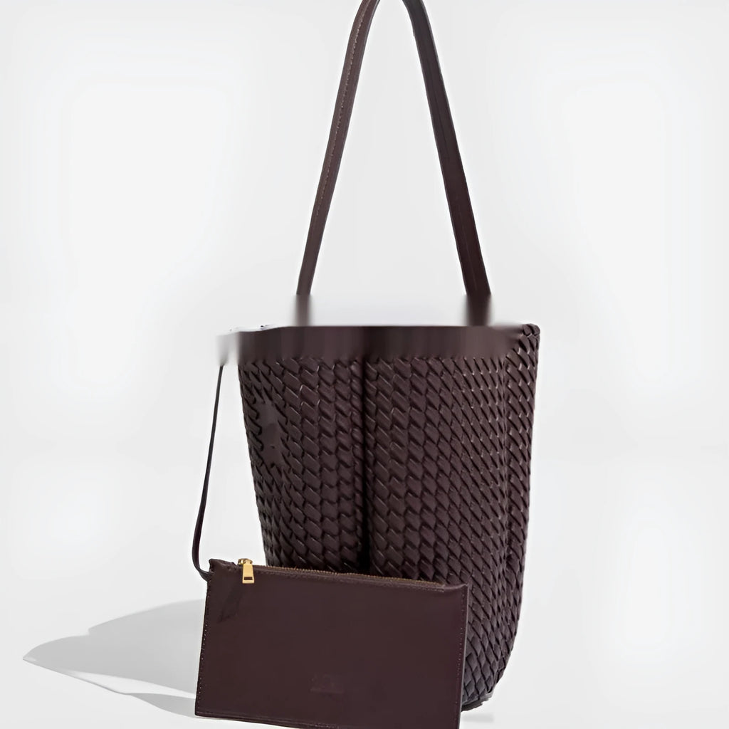 Hand-woven PU bucket bag with detachable wallet in black, cylindrical shape, size 21x13x29.5 cm