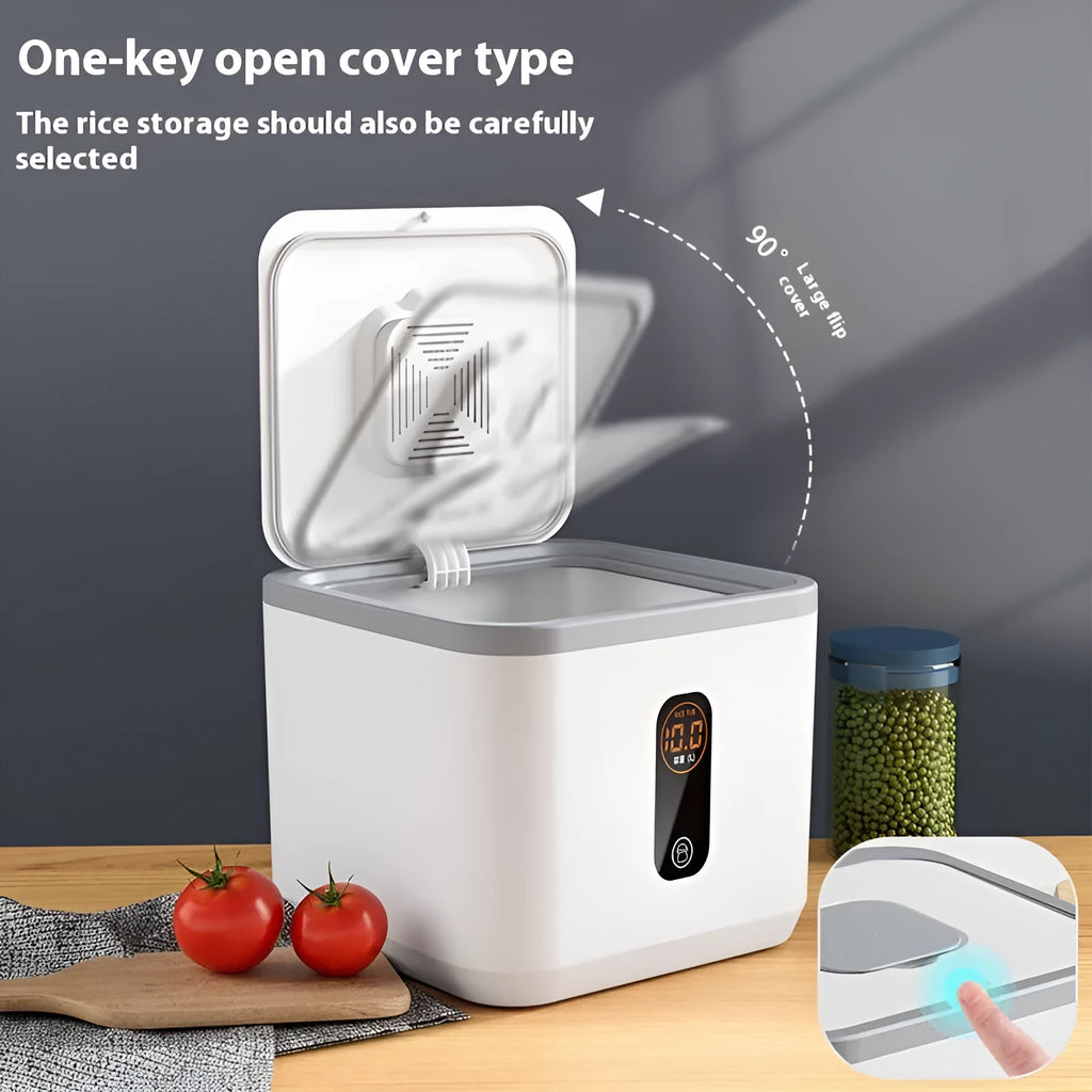 Grey plastic sealed rice storage jar with lid and measuring cup in 10kg, 20kg, or 30kg sizes.