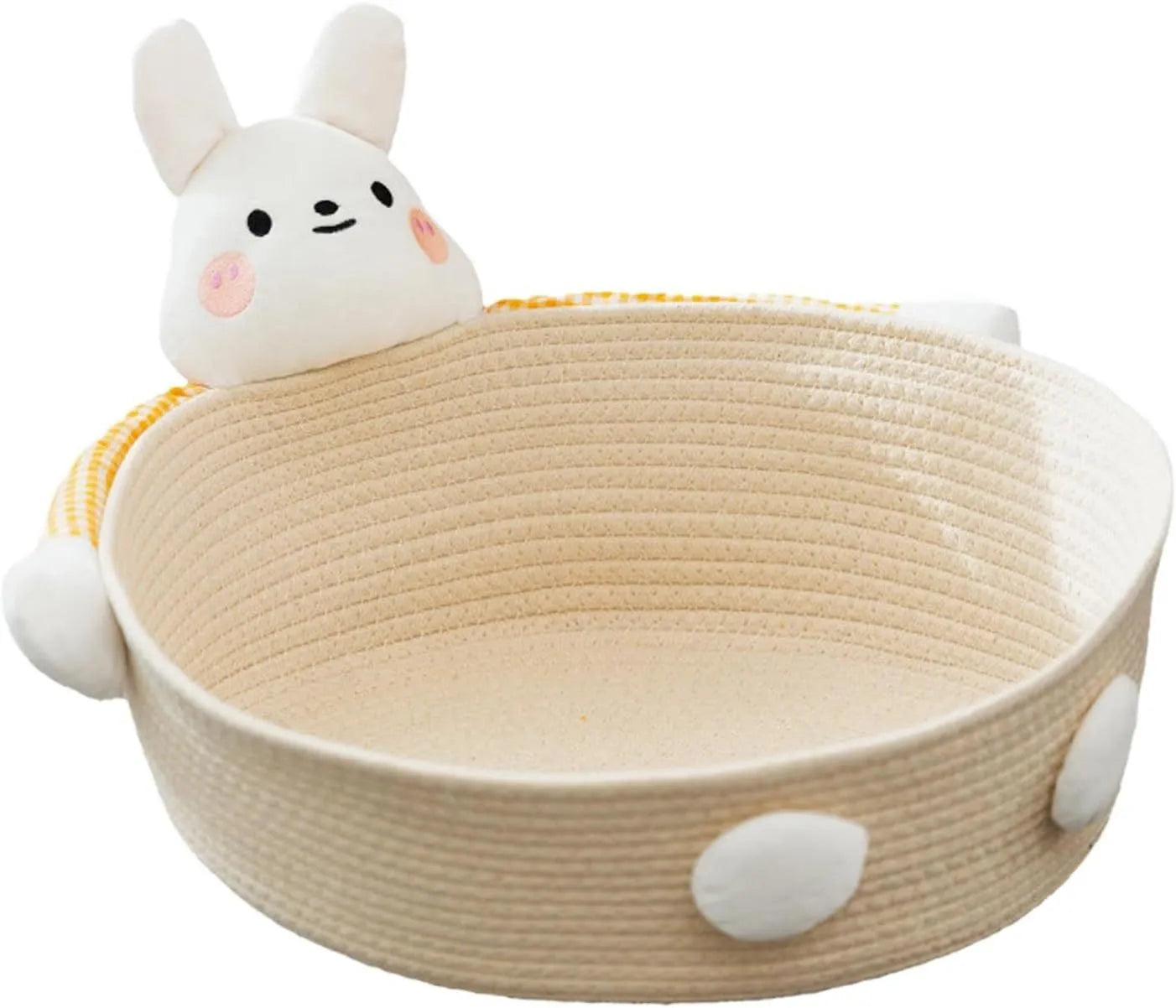 Woven cotton rope cat bed with scratching board surface, available in bear or rabbit styles.